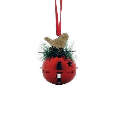 Bell Bauble Red With Gold Bird 8X10cm