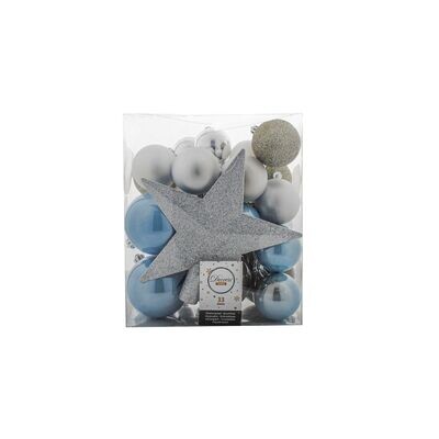 Baubles Mix Set Of 33 8cm Blue,Silver,White With Star