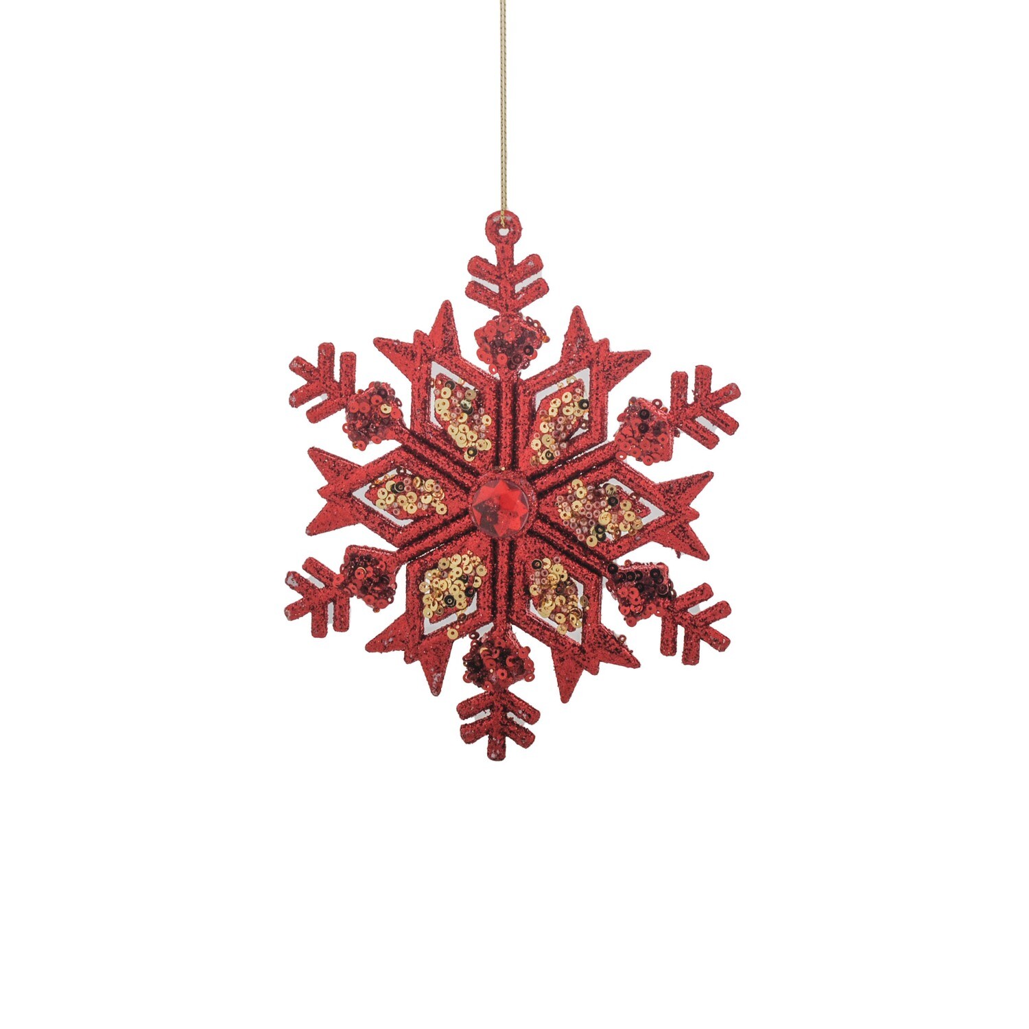 GLITTER SNOWFLAKE WITH GEM RED 14X14X1CM