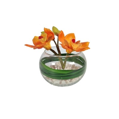 Artificial Orchid In Glass Bowl - Orange