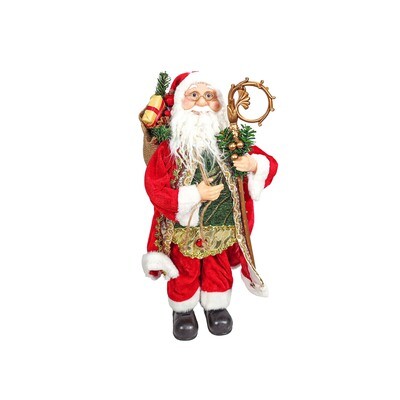 Red and Gold Santa with Green Shirt and Staff 45cm