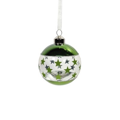 Bauble Glass Clear with Small Green Stars 8cm