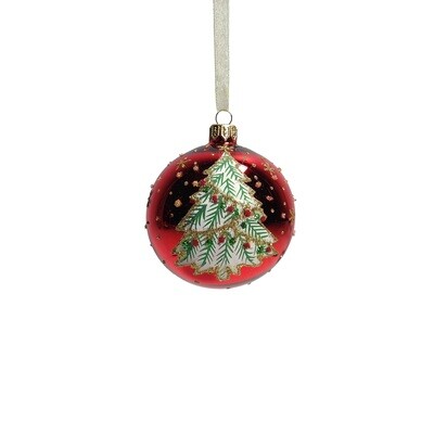 Bauble Glass Red With Tree 8cm