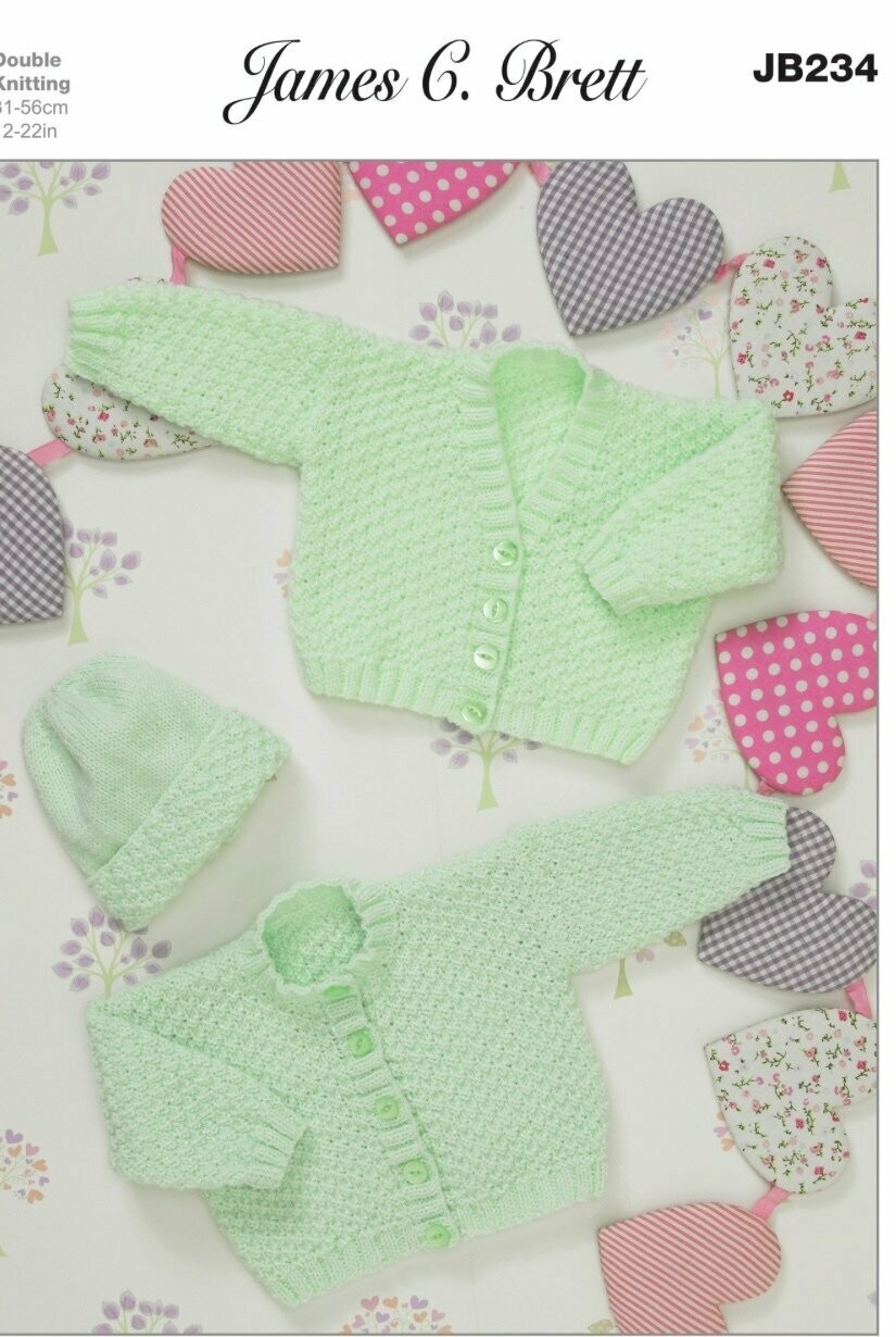 JB234 James c Brett Dk 12-22 inch Cardigans and Hat 