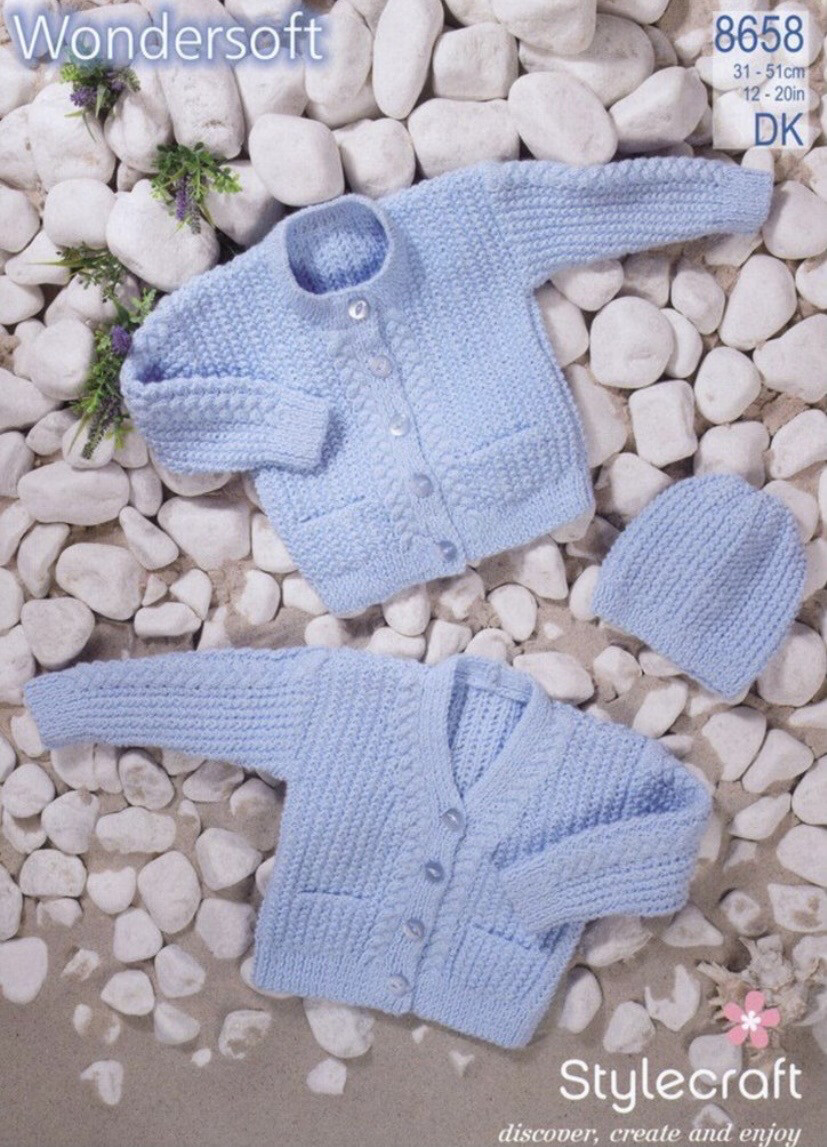 8658 Stylecraft Cardigans And Hat Dk 12-20 Inches