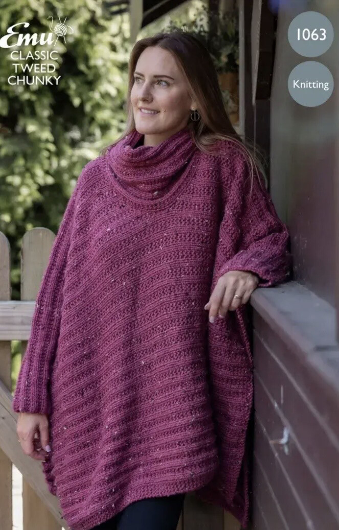 Emu 1063 Knitting Pattern Ladies Draped Neck Poncho In Classic Tweed Chunky