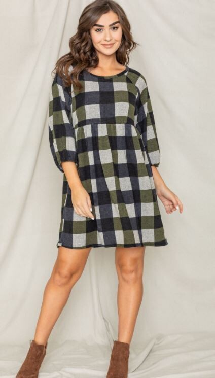 OLIVE CHECK HOLIDAY DRESS