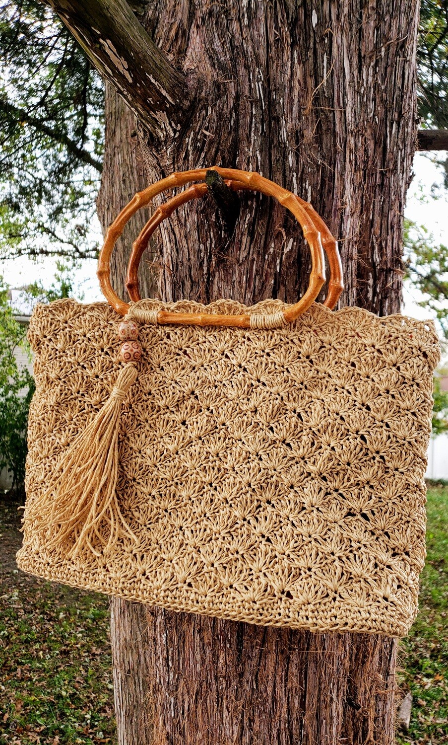 Paper Yarn Wood Bead Decorative Handbag
