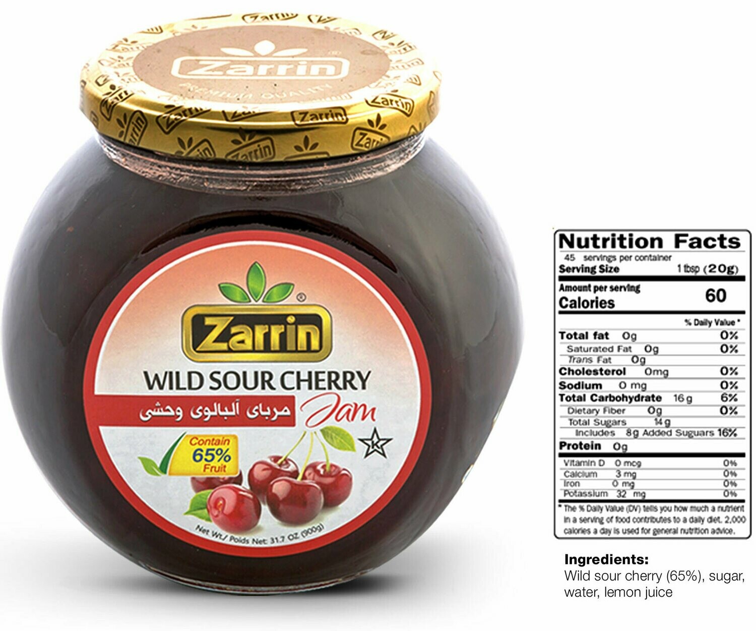 Zarrin Wild Sour Cherry Jam In Glass Jar 31.75 oz (900g)