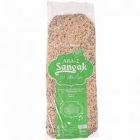 Sangak bread on a rustic wooden surface, showcasing its distinct oval shape, crispy golden-brown crust, and textured surface dotted with irregular air pockets, typical of this traditional Persian flatbread.