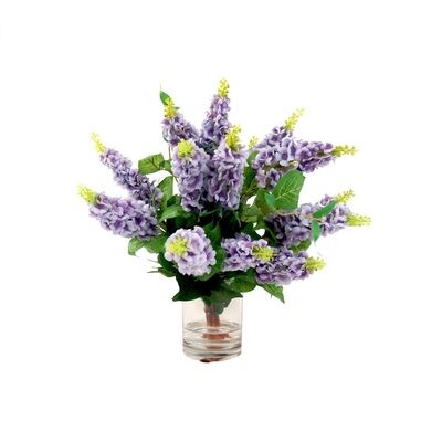 LAVENDAR LILACS IN GLASS CONTAINER WITH ACRYLIC WATER