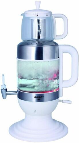 GOLDA INC. 2.5 Liters Glass Samovar, Tea Maker, with Boil-Dry Protection (White)