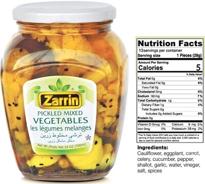 Zarrin Pickled Mixed Vegetables In Glass JarNet weight: 24 oz (700g