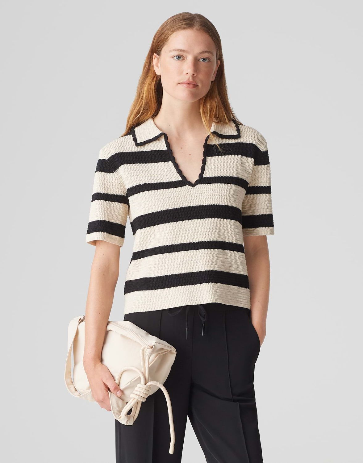 Häkel-Poloshirt PERTINY Regular aus Baumwoll Mix 900 beige schwarz OPUS