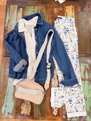 Jeansbluse und Strickshirt OPUS, Hose gemustert RED BUTTON, Bag
