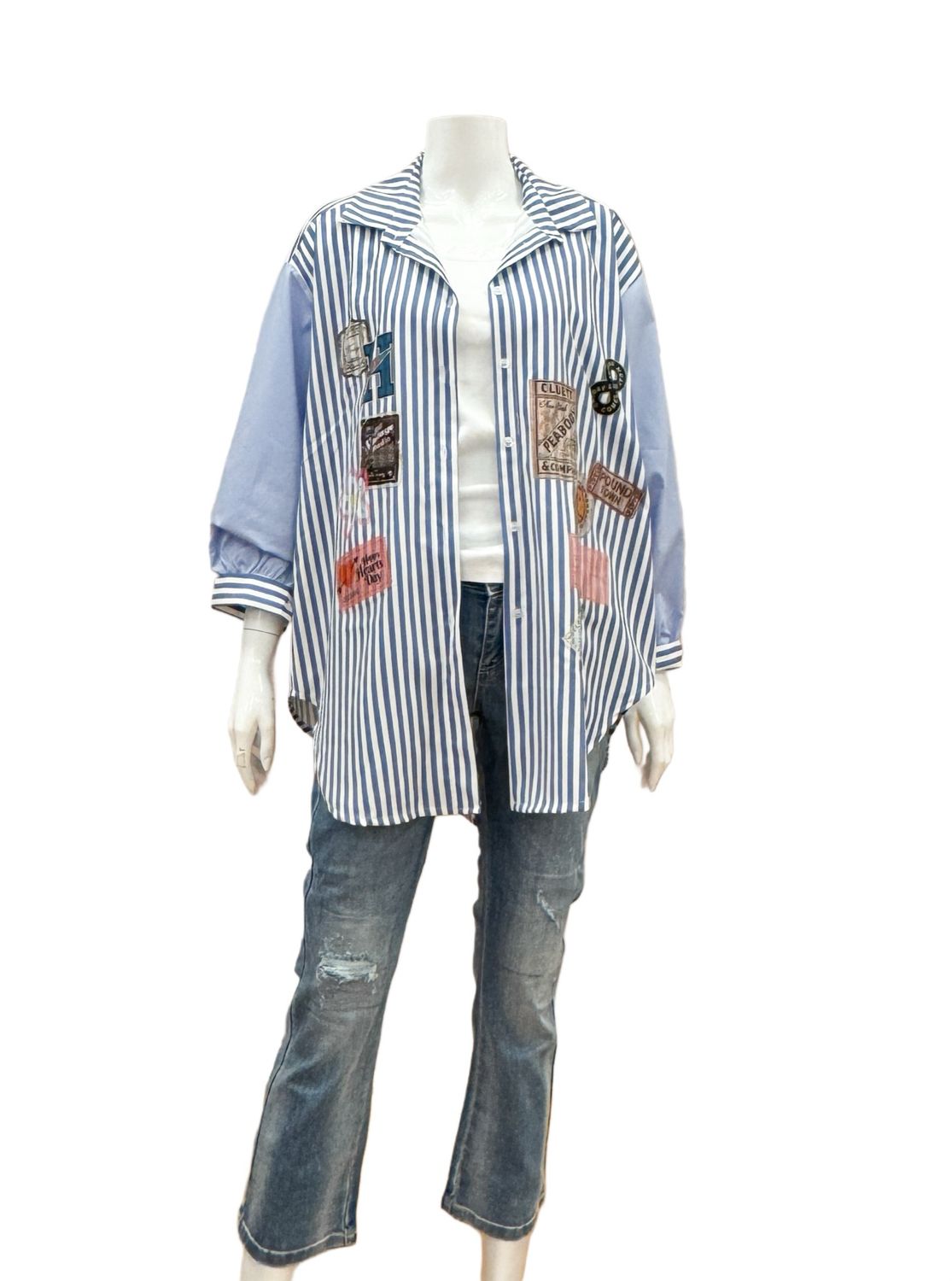 2625 Oversize Bluse righe blue gestreift mit Patches MARTA DU CHATEAU one size 38-46/48