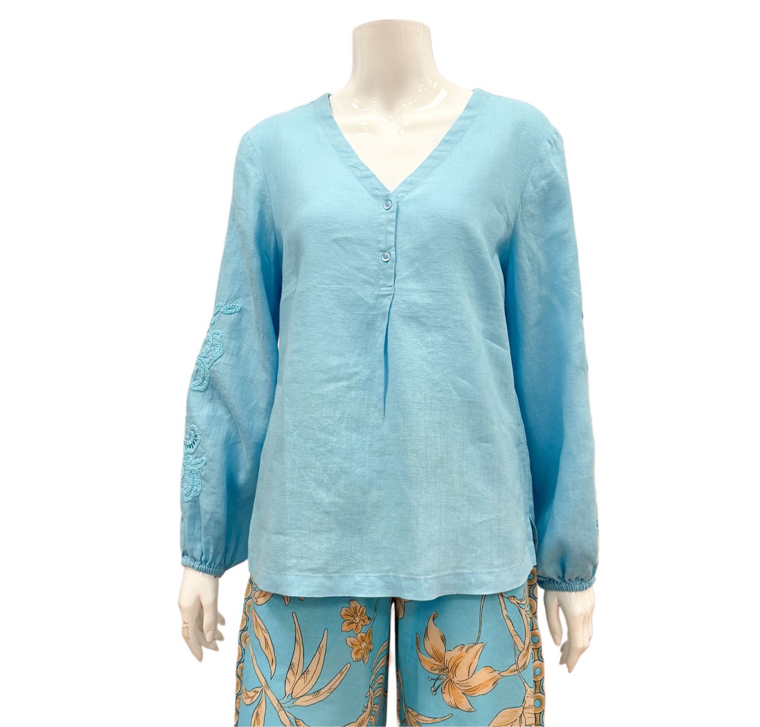 6362-156081-602 aqua Leinentunika mit Ton in Ton Stickerei EMILY VAN DEN BERGH