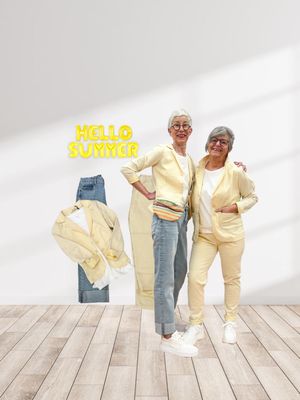 YOU TOO Alicia Jacket und You Two Jogstyle Hose Vanille, Shirt Sunny white, Jeans OPUS