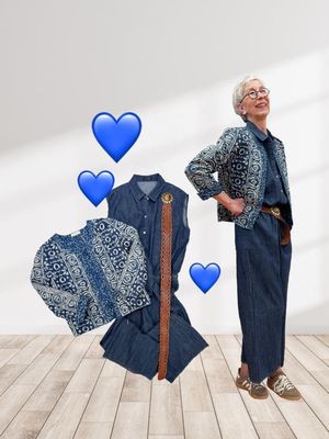 Jumpsuit Jeans OPUS, Jacke MAISON HOTEL, Flechtgürtel ACCESSOIRES