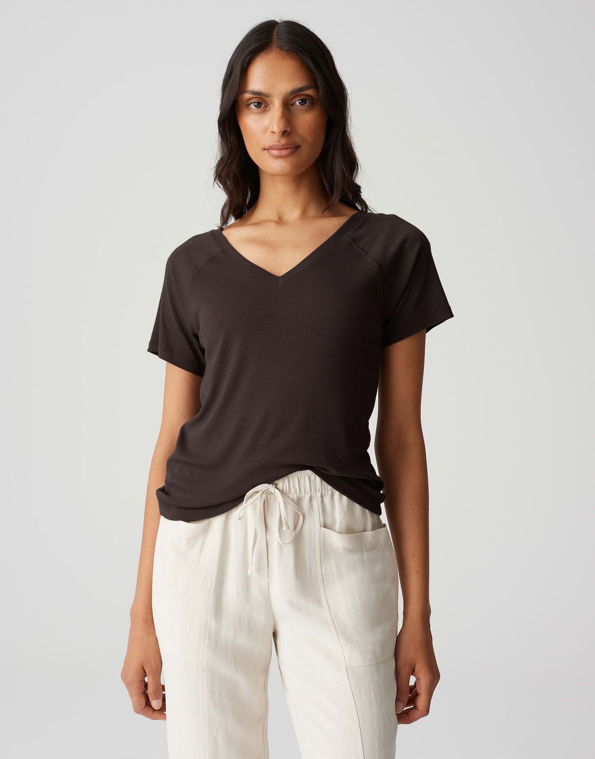 SAVELLA Slim Jerseyshirt mit feiner Rippstruktur 20024 midnight brown OPUS