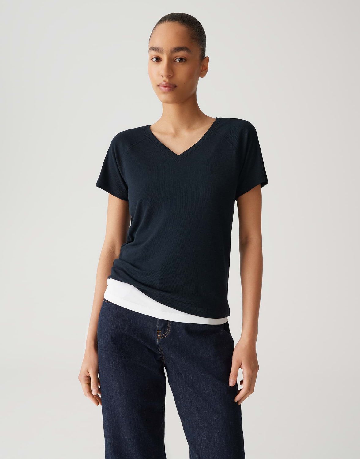 SAVELLA Slim Jerseyshirt mit feiner Rippstruktur 60020 coal blue OPUS