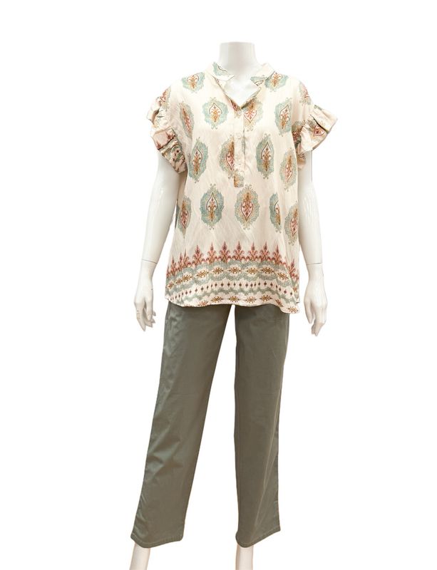 6319 Bluse mit Volantärmel mint ecru gemustert MARTA DU CHATEAU 6319 Bluse mit Volantärmel mint ecru gemustert MARTA DU CHATEAU