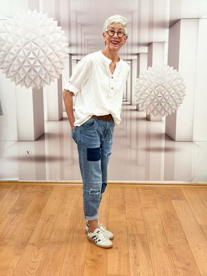 Leinen Viscose Volantbluse 3/4 Arm weiß  MARTA DU CHATEAU, Jeans Patchwork BLUE MONKEY