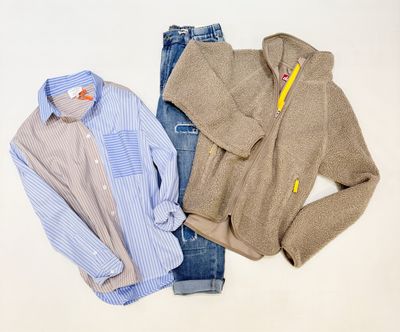 Stripe Bluse THE SHIRT PROJEKT - Kuschelby Jacke DERBE - Jeans BLUE MONKEY