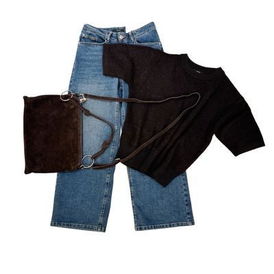 Wildledertasche moro ITALIEN, Kurzarmpullover midnight brown und Jeansculotte OPUS
