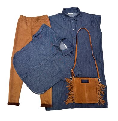 Jeanskleid und Bluse mid denim blue OPUS, Velourslegging FRIEDA und FREDDIES, Wildlederbag ITALIEN
