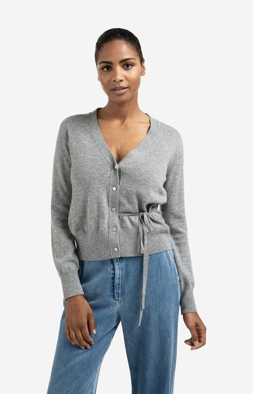 01-010122-508 grey melange Cardigan mit Bindeband