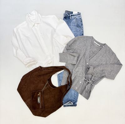Strickjacke zum Binden und Popeline bluse weiß YAYA, Ballon Fit Jeans BLUE MONKEY, Wildleder-Shopper moro braun