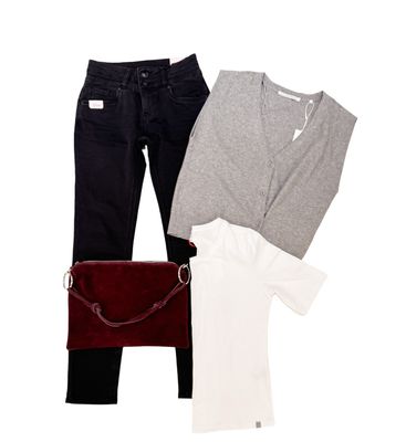 Weste grey melange YAYA, Slim Fit Jeans black BLUE MONKEY, Basicshirt in 3 Farben THE SHIRT PROJECT, Wildledertasche barolo ITALIEN