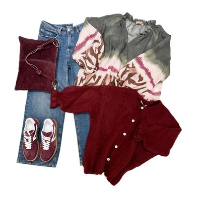Bluse und Kuschelcardigan MARTA DU CHATEAU, Jeansculotte OPUS, Wildledertasche ITALIEN, Wildledersneaker BABOUCHE