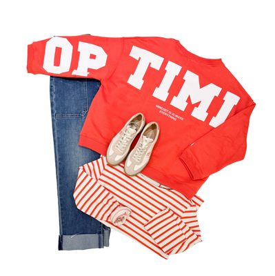 Sweater "Optimist" flame, Stripeshirt flame THE SHIRT PROJECT, Baggy Fit Jeans BLUE MONKEY, Sneaker BABOUCHE