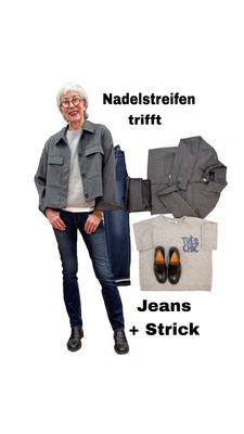 weicher Kurzarm-Pullover YAYA, Slim Jeans Tamara BLUE MONKEY, Nadelstreifenjacket OPUS,Loafer black ITALIEN, Handtasche black ITALIEN