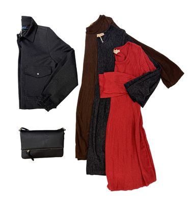 Kleid in 3 Farben MARTA DU CHATEAU, Jerseyjacket dark grey RED BUTTON, Ledertasche black ITALIEN