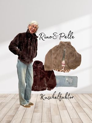 Langhaar Kunstfelljacke und Kunstpelzjacke chocolate RINO&PELLE, Ethnobluse MARTA DU CHATEAU, wide leg Jeans BLUE MONKEY