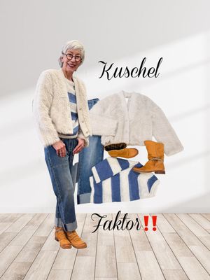 Webpelzcardigan RINO&PELLE, Stripe Kuschelpullover THE SHIRT PROJECT, Baggy Fit Jeans BLUE MONKEY, Lederstiefel ITALIEN reduziert