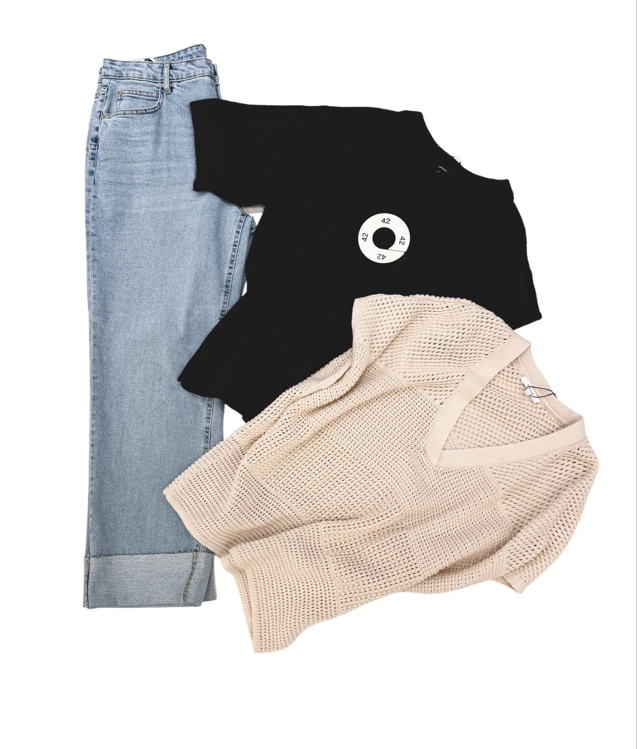 OPUS BOX Gr.42/2  Pullover choco, Pullunder ecru, Jeans hellblau-Preis 150€ Wert über 210€ Paypal - keine Retoure