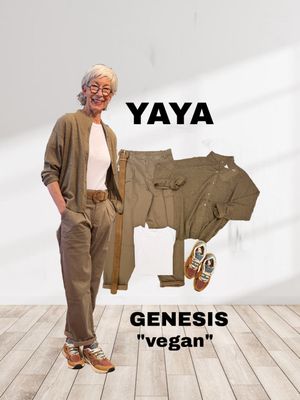 leichter Cardigan Mockneck, Chino beides capers khaki Farbton, Basicshirt weiß, Wildledergürtel alles von YAYA, Vegane Sneaker GENESIS