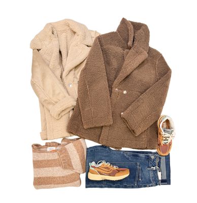 Wendejacke in Lammfelloptik oder Teddy in 2 Farben OPUS, Kuschelpullover stripe THE SHIRT Project, Baggyjeans BLUE MONKEY, Sneaker GENESIS