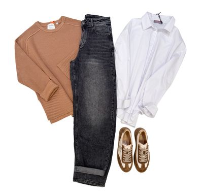 Banana Jeans grey- Andere unter BLUE MONKEY, Pullover camel THE SHIRT PROJECT, BasicbluseFRIEDA und FREDDIES, Ledersneaker BABOUCHE