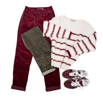 Tessy velvet khaki und ruby und Stripe Kuschelpullober milk ruby RED BUTTON, Wildledersneaker ruby BABOUCHE