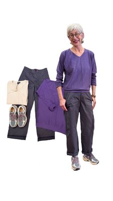 V Pullover lila und moon BLOOMINGS, Milo Pant asphalte YOU TOO, Sneaker grau lila GENESIS