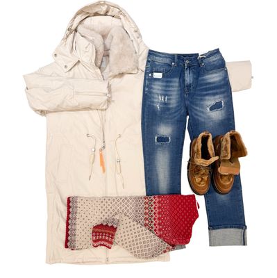 Mantel mit warmer Wattierung RINOund PELLE, Jaquardpullover DUNQUE, Relax fit destroyed Jeans BLUE MONKEY, Winterstiefel reduziert WHITE STUFF