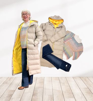 Wintermantel cobblestone yellow DERBE, Pullover natur bunt MARTA DU CHATEAU, Bootcut Jeans dark blue BLUE MONKEY