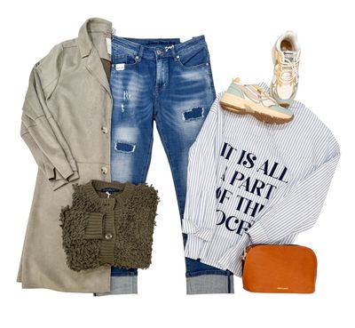 Velourslongblazer RINOundPELLE, Loopcardigan RED BUTTON, Stripe Bluse THE SHIRT PROJECT, Jeans Beke BLUE MONKEY, Bio Sneaker GENESIS, Ledertasche ITALIEN