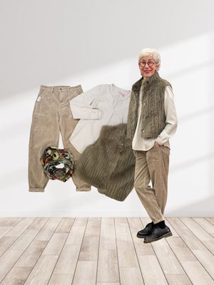 Ballon Cordhose taupe BLUE MONKEY, warme Bluse grey milk EMILY VAN DEN BERGH, Fake Fur Weste kahki RINOund PELLE, Viscose Herbstloop ACCESSOIRES