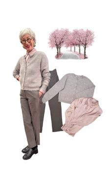 kuscheliger femininer Cardigan light taupe und rose melange, Satinbluse, Businesshose taupe melange YAYA